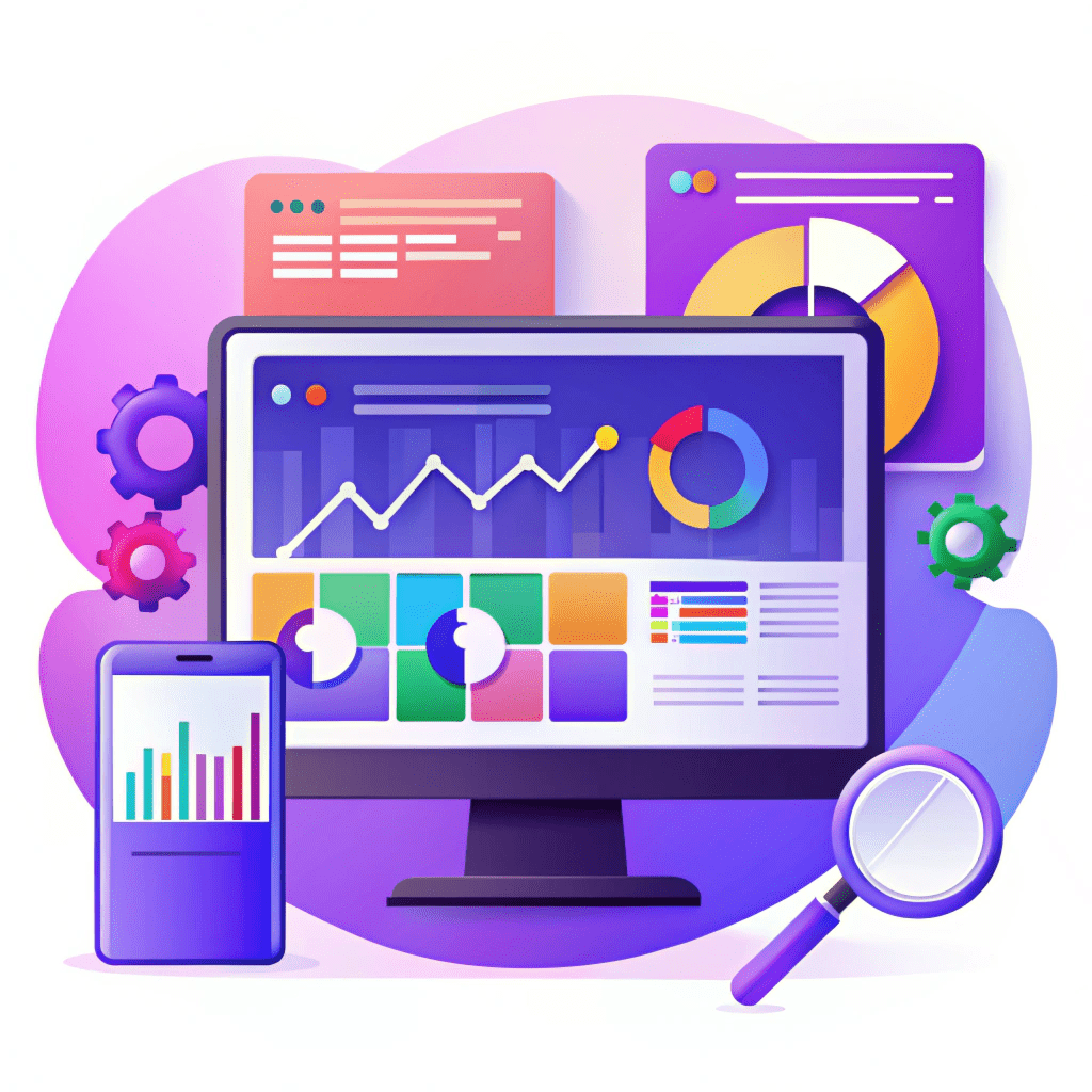 Иллюстрация экрана аналитики, смартфона, диаграмм и шестерёнок